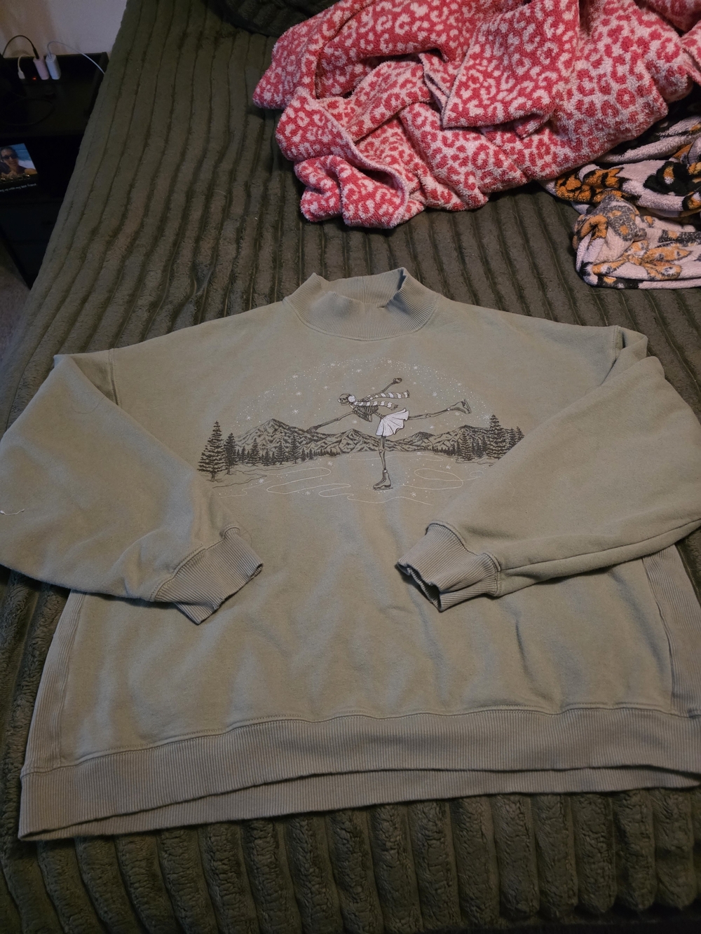 American Eagle Outfitters Sage Green Crewneck Sweater with Ice Skater Graphic